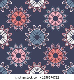 Mosaic with geometric shapes. Seamless pattern. Design with manual hatching. Textile. Ethnic boho ornament. Vector illustration for web design or print.