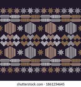 Mosaic with geometric shapes. Seamless pattern. The design of strokes. Textile. Ethnic boho ornament. Vector illustration for web design or print.