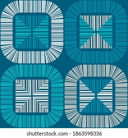 Mosaic with geometric shapes. Seamless pattern. Design with manual hatching. Textile. Ethnic boho ornament. Vector illustration for web design or print.
