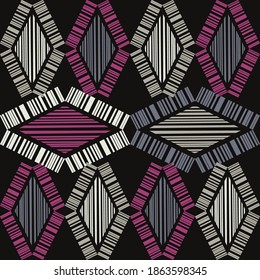 Mosaic with geometric shapes. Seamless pattern. Design with manual hatching. Textile. Ethnic boho ornament. Vector illustration for web design or print.