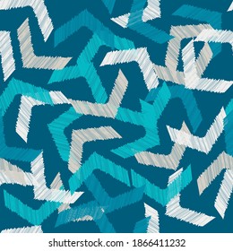Mosaic with geometric shapes. Seamless pattern. Design with manual hatching. Textile. Ethnic boho ornament. Vector illustration for web design or print.