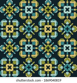 Mosaic with geometric shapes. Seamless pattern. Design with manual hatching. Textile. Ethnic boho ornament. Vector illustration for web design or print.