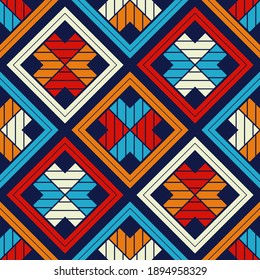 Mosaic with geometric shapes. Seamless pattern. Design with manual hatching. Textile. Ethnic boho ornament. Vector illustration for web design or print.