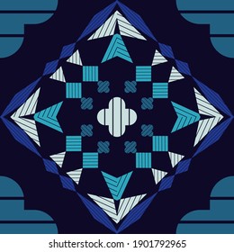Mosaic with geometric shapes. Seamless pattern. Design with manual hatching. Textile. Ethnic boho ornament. Vector illustration for web design or print.