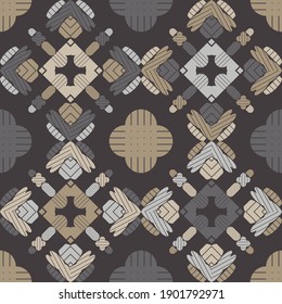 Mosaic with geometric shapes. Seamless pattern. Design with manual hatching. Textile. Ethnic boho ornament. Vector illustration for web design or print.