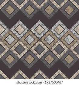 Mosaic with geometric shapes. Seamless pattern. Design with manual hatching. Textile. Ethnic boho ornament. Vector illustration for web design or print.