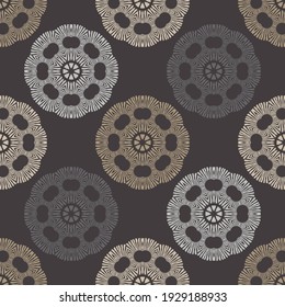 Mosaic with geometric shapes. Seamless pattern. Design with manual hatching. Textile. Ethnic boho ornament. Vector illustration for web design or print.