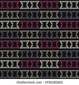 Mosaic with geometric shapes. Seamless pattern. Design with manual hatching. Textile. Ethnic boho ornament. Vector illustration for web design or print.