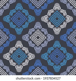 Mosaic with geometric shapes. Seamless pattern. Design with manual hatching. Textile. Ethnic boho ornament. Vector illustration for web design or print.