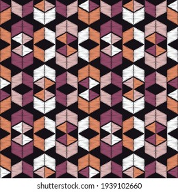 Mosaic with geometric shapes. Seamless pattern. Design with manual hatching. Textile. Ethnic boho ornament. Vector illustration for web design or print.