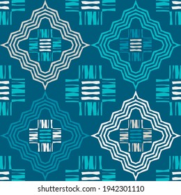 Mosaic with geometric shapes. Seamless pattern. Design with manual hatching. Textile. Ethnic boho ornament. Vector illustration for web design or print.
