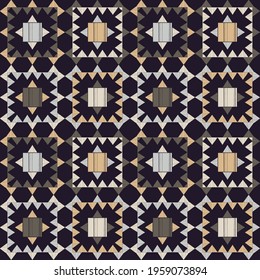 Mosaic with geometric shapes. Seamless pattern. Design with manual hatching. Textile. Ethnic boho ornament. Vector illustration for web design or print.