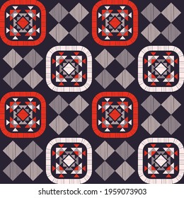 Mosaic with geometric shapes. Seamless pattern. Design with manual hatching. Textile. Ethnic boho ornament. Vector illustration for web design or print.