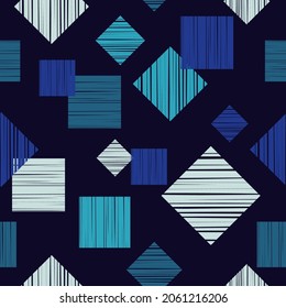 Mosaic with geometric shapes. Seamless pattern. Design with manual hatching. Textile. Ethnic boho ornament. Vector illustration for web design or print.