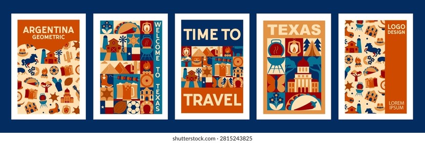Mosaic Geometric Texas Poster Set with Travel, Vacation, Western Culture, Food and Architecture Symbols, Abstract Icons, Tourism Vector Design Templates