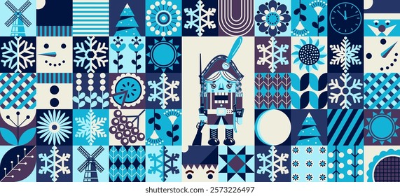 Mosaic geometric winter background with nutcracker. Collection of Christmas holidays. Happy New Year and Christmas!