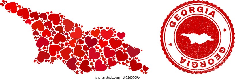 Mosaic Georgia map created with red love hearts, and unclean seal stamp. Vector lovely round red rubber seal stamp imitation with Georgia map inside.