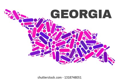 Mosaic Georgia map isolated on a white background. Vector geographic abstraction in pink and violet colors. Mosaic of Georgia map combined of scattered circle dots and lines.