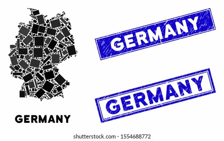 Mosaic Germany map and rectangular watermarks. Flat vector Germany map mosaic of randomized rotated rectangular elements. Blue caption stamps with rubber textures.