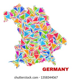 Mosaic Germany map of triangles in bright colors isolated on a white background. Triangular collage in shape of Germany map. Abstract design for patriotic purposes.