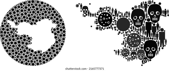 Mosaic Gerona Province map composed of covid virus items and population and skeleton items. Infection virus Gerona Province map mosaic designed with circle and hole.