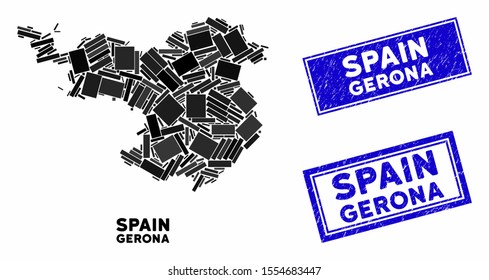 Mosaic Gerona Province map and rectangle seal stamps. Flat vector Gerona Province map mosaic of random rotated rectangle items. Blue caption seal stamps with dirty textures.
