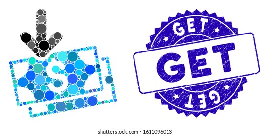 El mosaico obtiene el icono de los billetes y el sello de la estampilla con texto Get. El vector mosaico está compuesto por un icono de obtención de billetes y con elementos redondos aleatorizados. Obtener sello usa color azul,