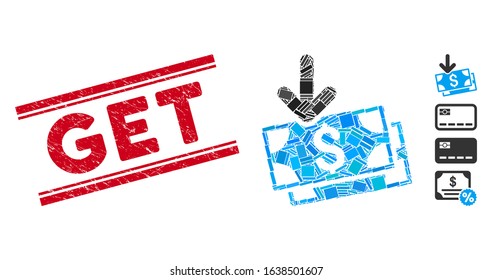 Mosaic get banknotes pictogram and red Get watermark between double parallel lines. Flat vector get banknotes mosaic pictogram of random rotated rectangle items.