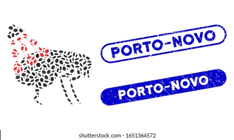 Mosaik entledigen Flöhe und Grunge Stempelrobben mit Porto-Novo Phrase. Mosaike Vektorillustration loswerden Floh ist mit verstreuten elliptischen Punkten entworfen. Porto-Novo-Stempelrobben verwenden blaue Farben,