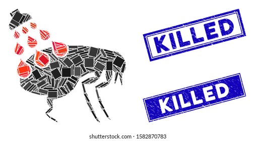 Mosaic get rid of fleas pictogram and rectangular Killed rubber prints. Flat vector get rid of fleas mosaic pictogram of random rotated rectangular items. Blue Killed seals with rubber texture.