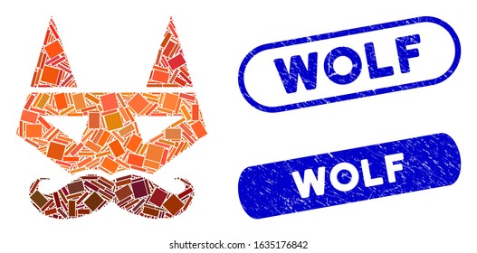 Mosaic getleman fox head and distressed stamp seals with Wolf phrase. Mosaic vector getleman fox head is designed with scattered rectangle items. Wolf stamp seals use blue color,