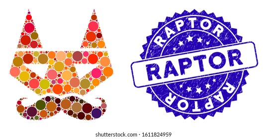 Mosaic getleman fox head icon and rubber stamp seal with Raptor phrase. Mosaic vector is created with getleman fox head icon and with scattered spheric items. Raptor stamp seal uses blue color,