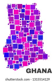 Mosaic Ghana map isolated on a white background. Vector geographic abstraction in pink and violet colors. Mosaic of Ghana map combined of scattered square items.