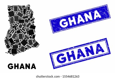 Mosaic Ghana map and rectangular rubber prints. Flat vector Ghana map mosaic of randomized rotated rectangular items. Blue caption rubber seals with grunged surface.