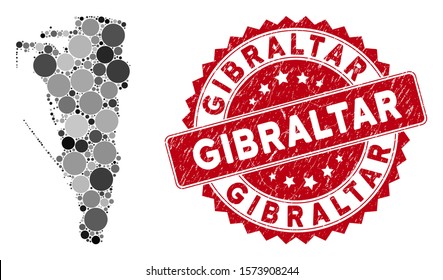 Mosaic Gibraltar map and circle stamp. Flat vector Gibraltar map mosaic of random circle elements. Red rubber seal with grunged design. Designed for political and patriotic projects.