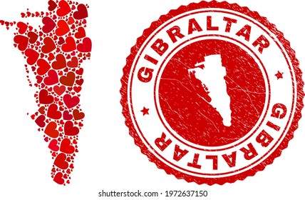 Mosaic Gibraltar map created with red love hearts, and rubber stamp. Vector lovely round red rubber stamp imprint with Gibraltar map inside.