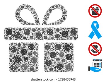 Mosaic gift composed of flu virus icons in different sizes and color hues. Vector viral parts are composed into abstract composition gift icon. Some bonus icons are added.