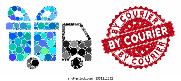 Mosaic gift delivery van and distressed stamp seal with By Courier caption. Mosaic vector is formed with gift delivery van icon and with scattered round spots. By Courier stamp uses red color,