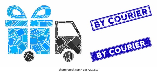 Mosaic gift delivery van pictogram and rectangle seals. Flat vector gift delivery van mosaic pictogram of random rotated rectangle elements. Blue caption seals with dirty texture.