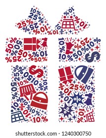 Mosaic gift designed with blue and red shopping symbols. Retail composition of mosaic gift icon. Flat design for shopping illustrations.