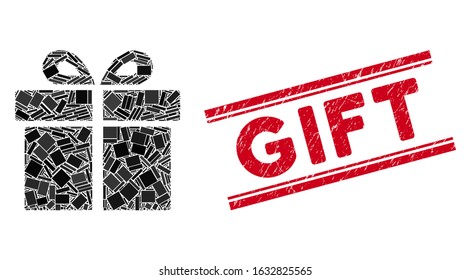 Mosaic gift icon and red Gift stamp between double parallel lines. Flat vector gift mosaic pictogram of random rotated rectangle items. Red Gift rubber stamp with rubber textures.