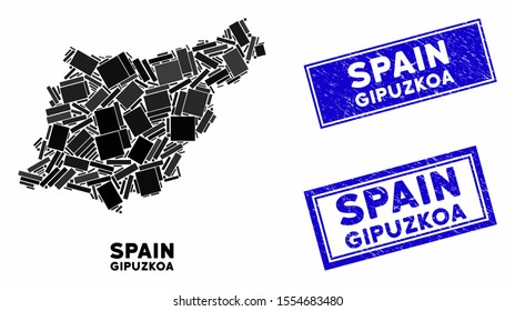 Mosaic Gipuzkoa Province map and rectangle rubber prints. Flat vector Gipuzkoa Province map mosaic of randomized rotated rectangle elements. Blue caption rubber stamps with rubber textures.