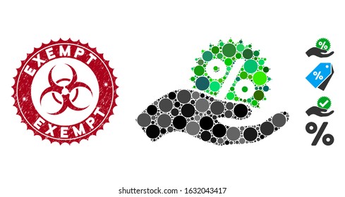Mosaic give percent bonus icon and grunge stamp seal with Exempt phrase and biohazard symbol. Mosaic vector is created with give percent bonus icon and with random circle items.