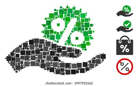 Mosaic Give percent bonus icon united from square elements in various sizes and color hues. Vector square elements are organized into abstract mosaic give percent bonus icon.