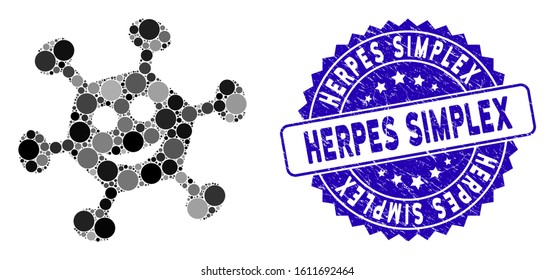 Mosaic glad bacilla icon and rubber stamp seal with Herpes Simplex phrase. Mosaic vector is formed with glad bacilla pictogram and with randomized circle items. Herpes Simplex seal uses blue color,