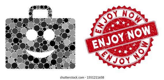 Mosaic glad case and corroded stamp seal with Enjoy Now caption. Mosaic vector is designed with glad case icon and with scattered spheric items. Enjoy Now stamp uses red color, and rubber texture.
