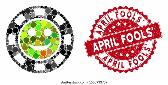 Mosaic glad casino chip and rubber stamp watermark with April Fools' phrase. Mosaic vector is formed with glad casino chip icon and with randomized round elements. April Fools' seal uses red color,