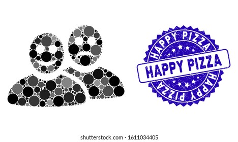 Mosaic glad and sad people icon and grunge stamp seal with Happy Pizza phrase. Mosaic vector is created with glad and sad people icon and with random round items. Happy Pizza seal uses blue color,