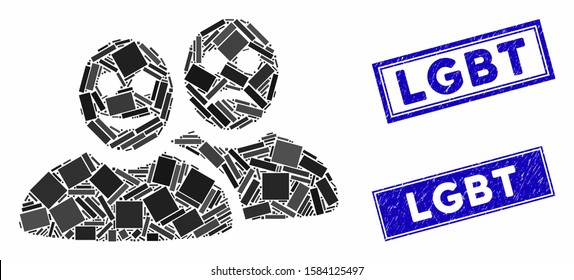 Mosaic glad and sad people pictogram and rectangle LGBT seal stamps. Flat vector glad and sad people mosaic pictogram of randomized rotated rectangle items.