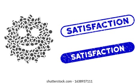 Mosaic glad sticker and grunge stamp seals with Satisfaction phrase. Mosaic vector glad sticker is formed with random ellipse spots. Satisfaction stamp seals use blue color,
